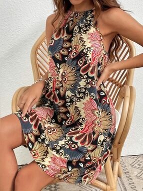 Sleeveless Black Floral Grecian Halter Spring Summer Dress- Full & Plus Sizes